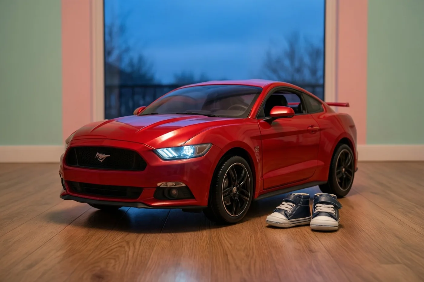 Een rode speelgoed-Mustang staat naast kleine blauwe babyschoentjes op een houten vloer, in een kamer met pastelkleurige muren en een raam met een schemerige hemel.