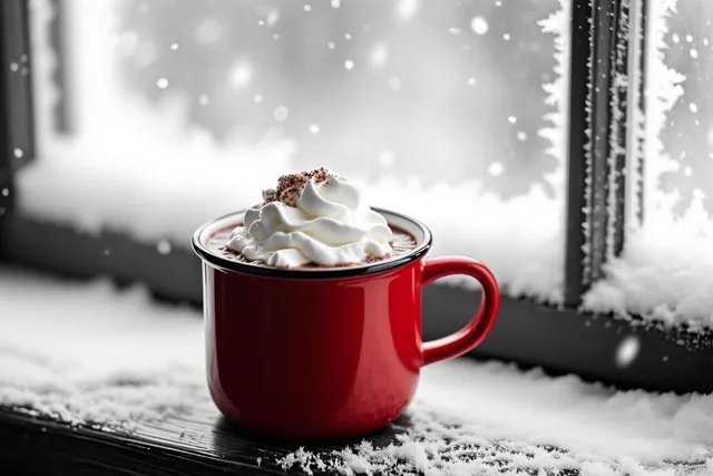Een rode mok warme chocolademelk met slagroom staat op een besneeuwde vensterbank voor een bevroren raam, terwijl buiten sneeuw valt.