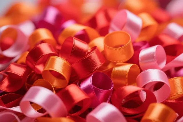 Glanzende gekrulde linten in vooral rood, oranje en roze zijn van dichtbij te zien.