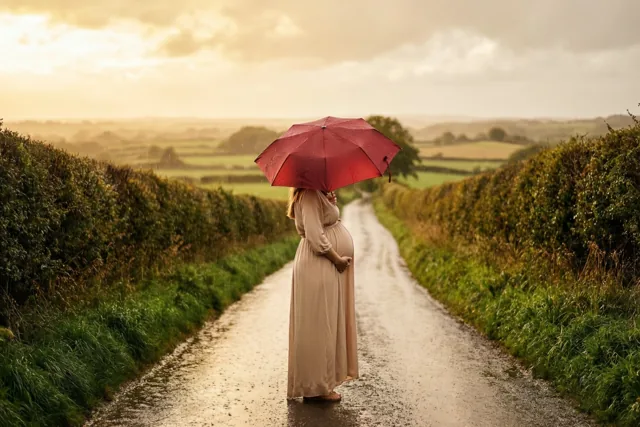 Een zwangere vrouw staat van achteren gezien op een natte landweg tussen hagen, met een rode paraplu en een hand op haar buik onder een bewolkte hemel met gouden tinten.