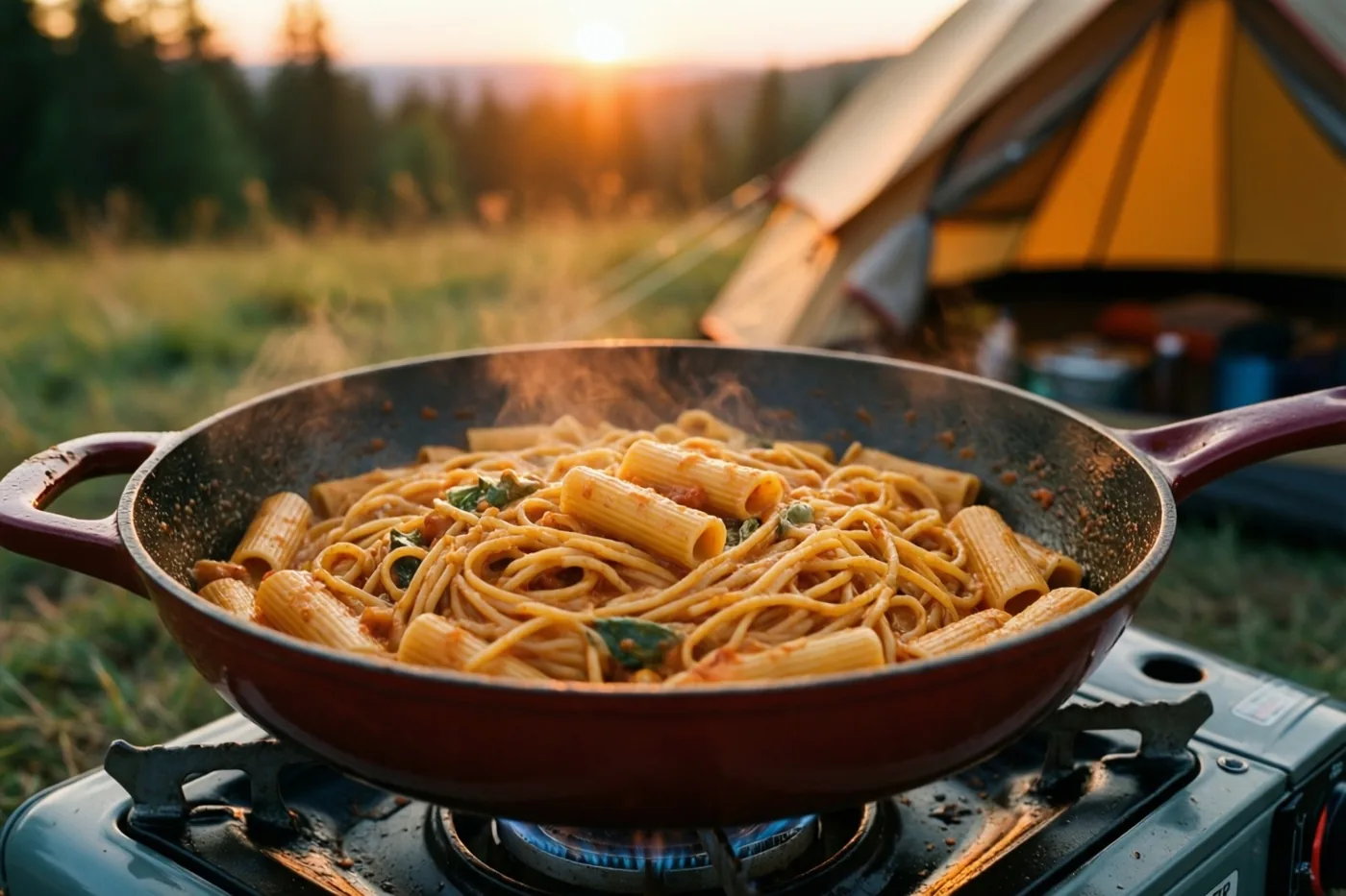 Een rode emaille pan met pasta staat op een draagbaar kampeervuurtje in een grasveld bij zonsondergang, met een gele tent op de achtergrond.