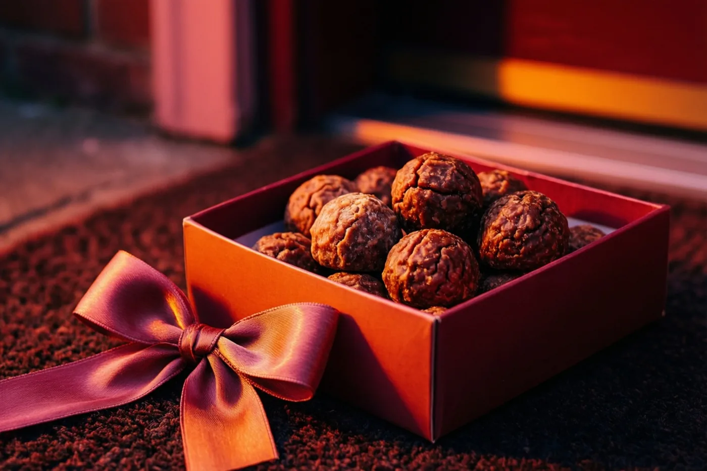 Een rode geschenkdoos met chocoladepralines en een satijnen strik staat op een donkere ondergrond met structuur in warm goudkleurig licht.