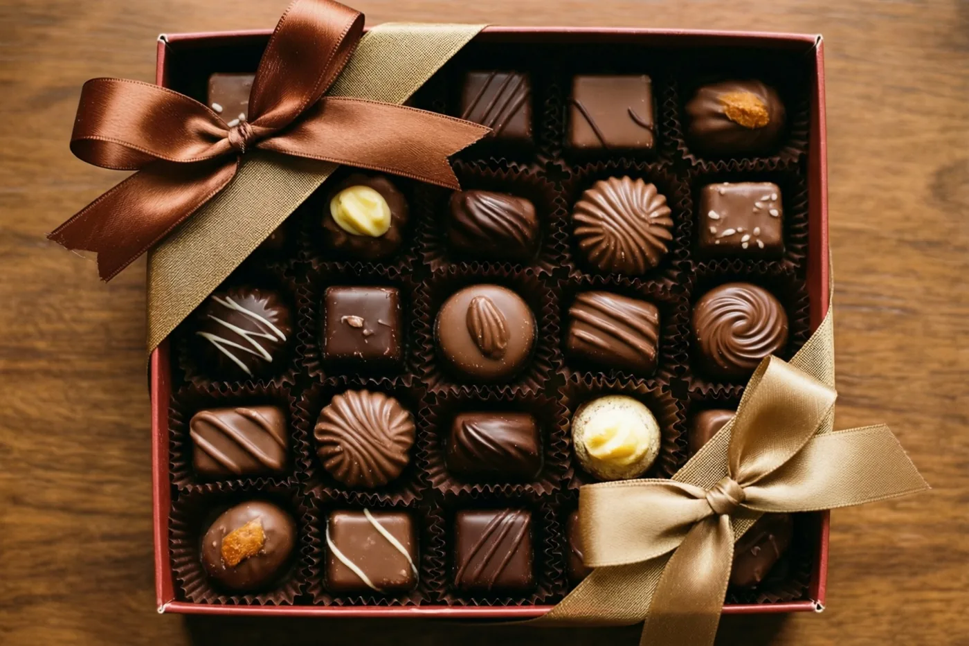 Een open rode doos met Belgische pralines in papieren vormpjes staat op een houten ondergrond en is versierd met een bruin en een goudkleurig satijnen strikje.