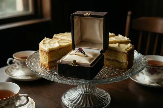 Een open donker ringdoosje met een ring met een rode edelsteen staat tussen stukken taart met crème op een vintage glazen taartstandaard in een schemerige tearoom uit de jaren zestig met gebloemde theekopjes en een houten tafel.