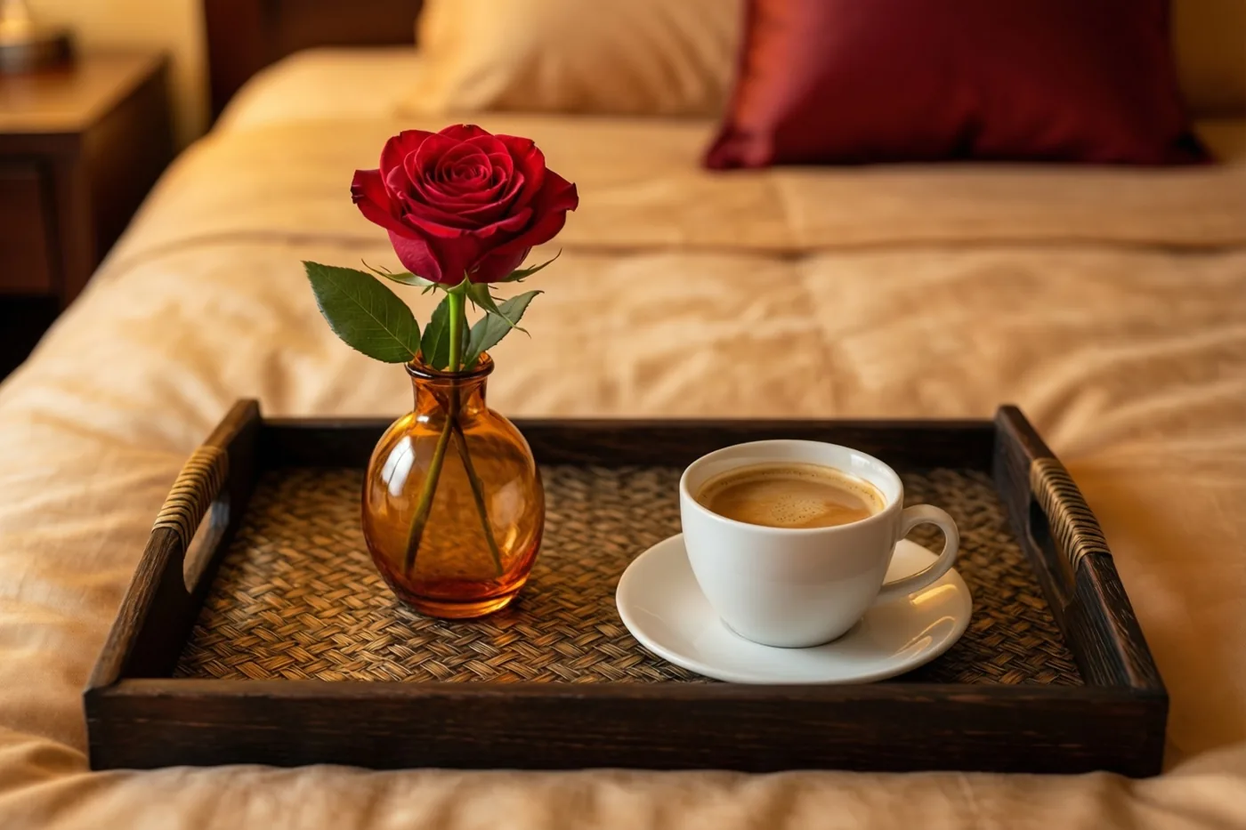 Een houten dienblad met een geweven mat draagt een rode roos in een amberkleurige glazen vaas en een wit kopje koffie op een bed met beige beddengoed.