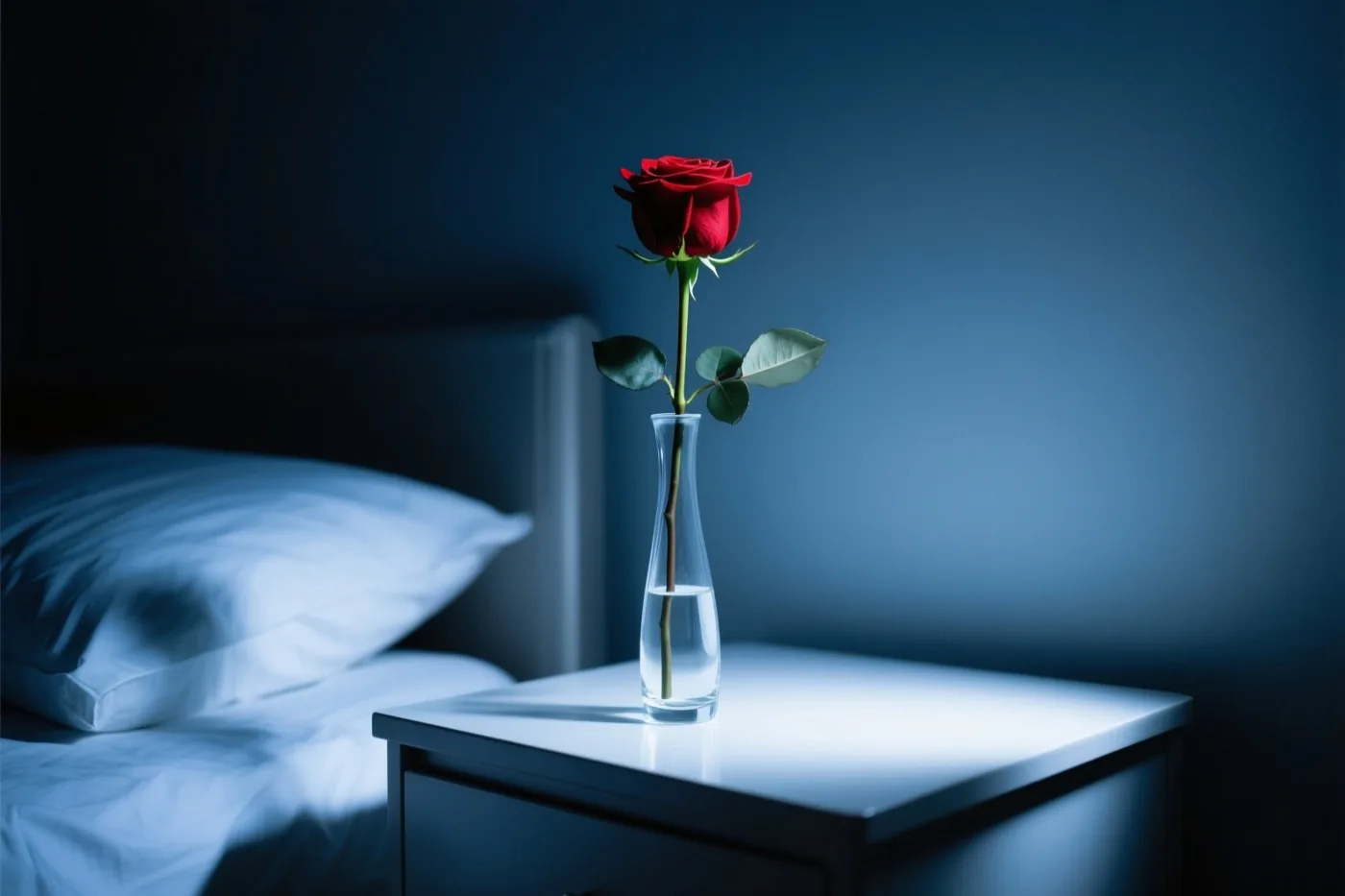 Een rode roos in een smalle glazen vaas staat op een wit nachtkastje naast een bed met wit beddengoed in koel blauw licht.