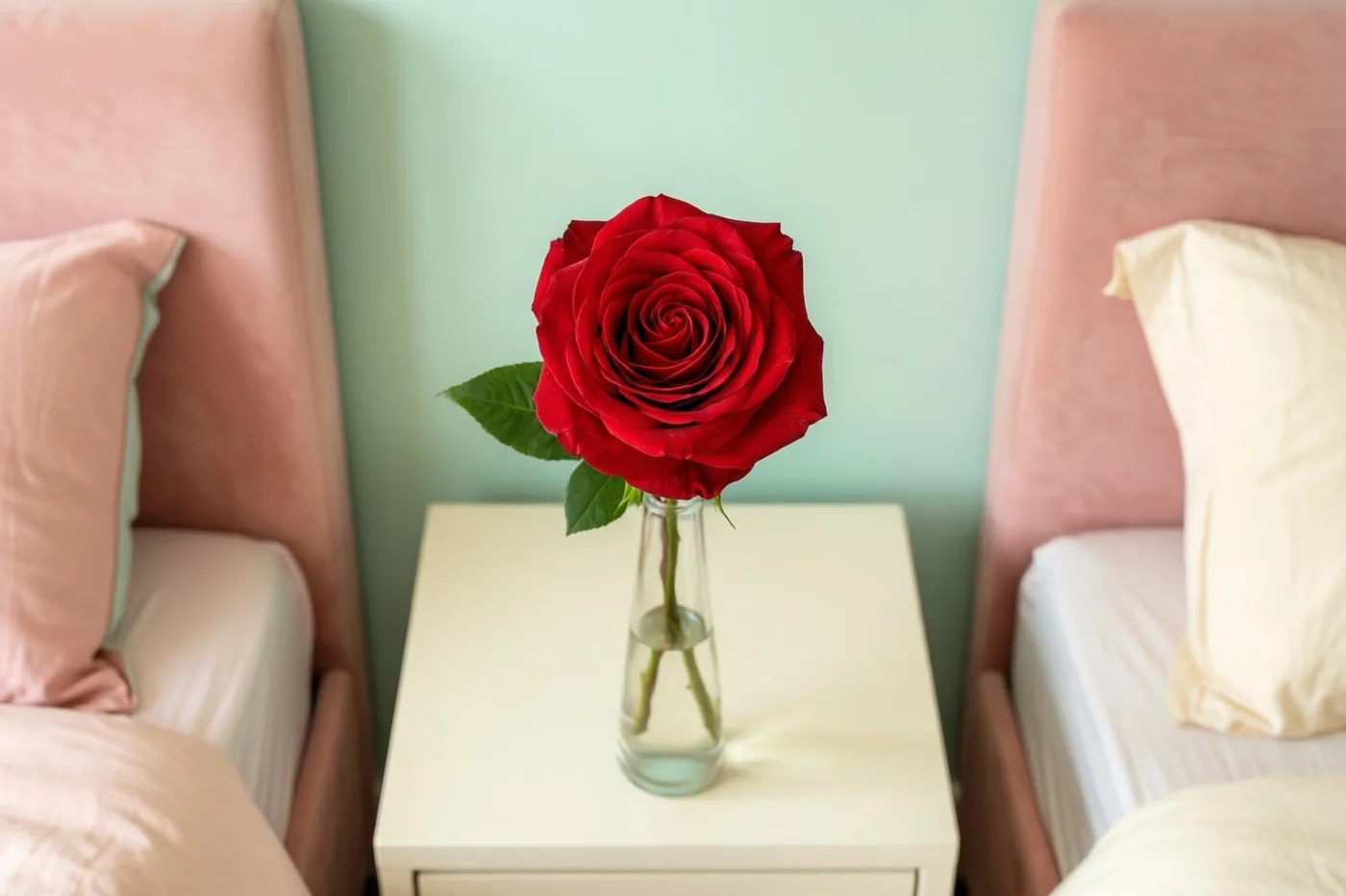 Een rode roos in een smalle glazen vaas staat op een wit nachtkastje tussen twee bedden met roze hoofdeinden, voor een lichtgroene muur.