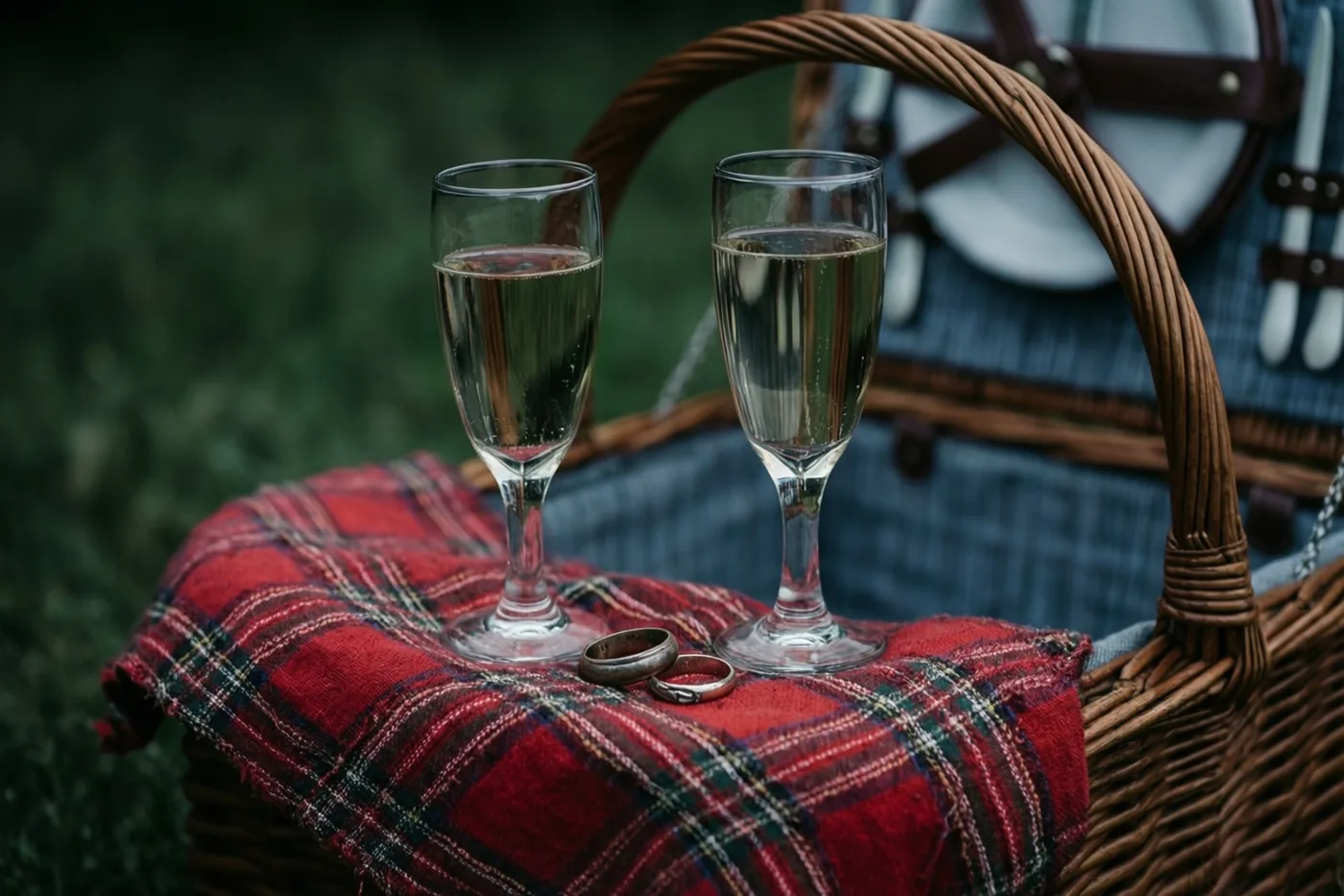 Twee champagneglazen en twee versleten trouwringen liggen op een rood geruite doek boven op een rieten picknickmand die buiten op het gras staat.