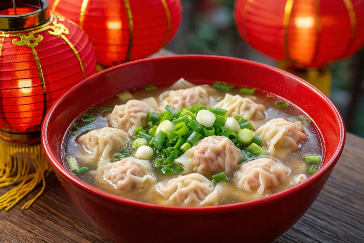 Een rode kom wontonsoep met fijngesneden lente-ui staat op een houten ondergrond, met brandende rode lantaarns op de achtergrond.
