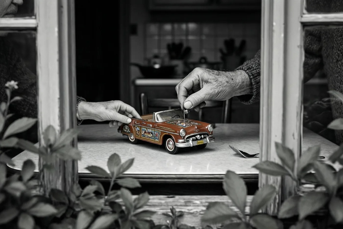 Door een raamkozijn met groen op de voorgrond zijn de handen van een oudere persoon te zien die een blikken speelgoedauto op een keukentafel opwinden, in zwart-wit met alleen de carrosserie in rood.