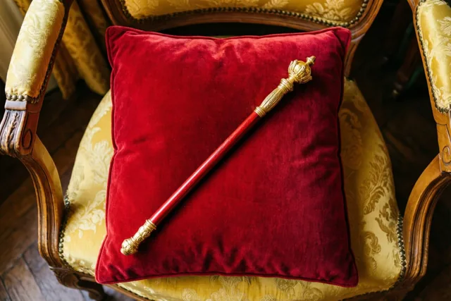 Op een goudkleurige gestoffeerde stoel ligt een rood fluwelen kussen met een rode staf waarop een gouden mijter staat, in een warm verlichte kamer.