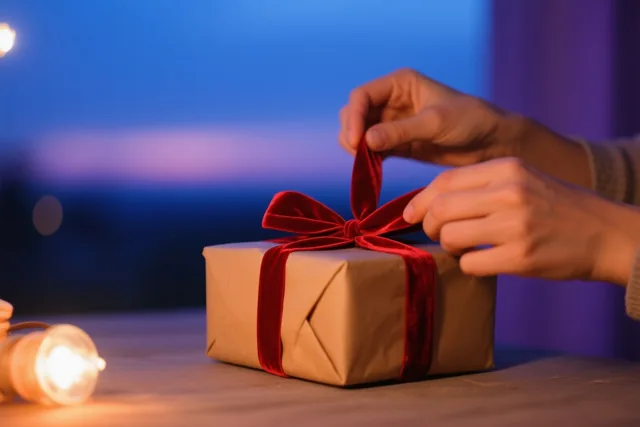 Twee handen maken een strik van rood fluwelen lint rond een cadeau in bruin papier, tegen een zacht verlichte blauwe en paarse achtergrond met warme lichtjes.