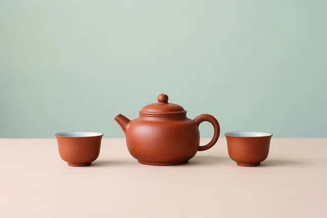 Een rode aardewerken theepot en twee bijpassende kopjes staan op een licht oppervlak voor een bleekgroene muur.