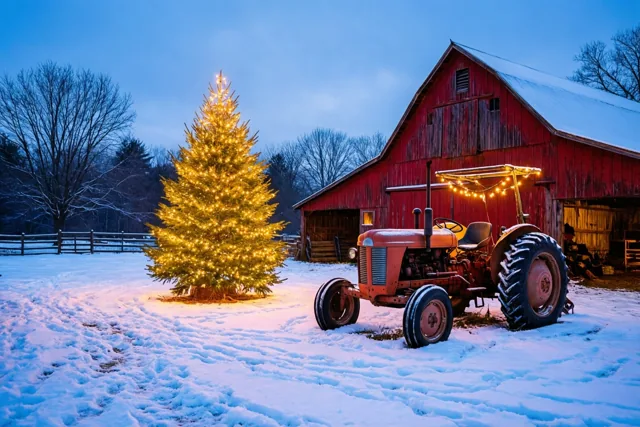 Een oude rode tractor met lichtslingers staat op een besneeuwd erf bij een fel verlichte kerstboom en een rode schuur in blauwe schemering.