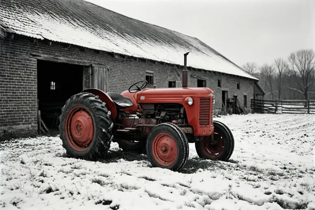 Een rode tractor kleurt de winter