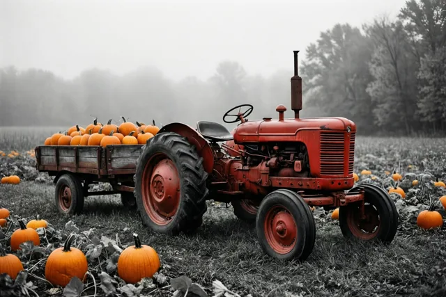 Een roestige rode oldtimertractor met een aanhangwagen vol pompoenen staat in een mistig herfstveld, waarbij het rood en oranje afsteken tegen de vrijwel kleurloze achtergrond.