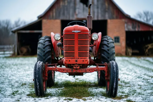 Een oude tractor trotseert de winter