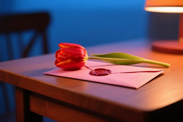 Een rode tulp ligt op een roze envelop met een rood lakzegel op een houten bureau, in warm licht tegen een koele blauwe achtergrond.