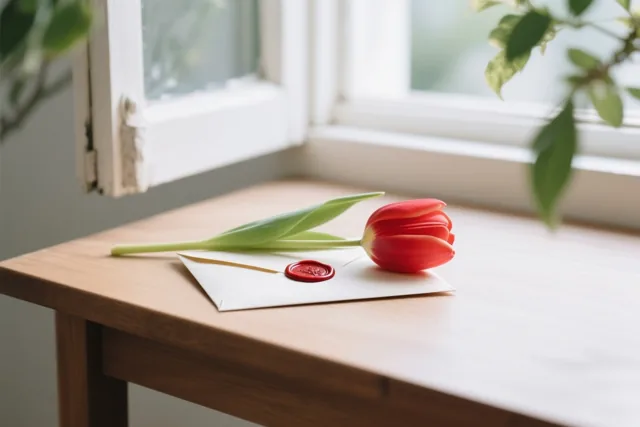 Een rode tulp ligt op een witte envelop met een rood lakzegel op een licht houten bureau, in zacht daglicht van een raam.