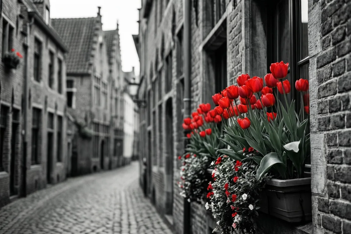 Rode tulpen in bloembakken vallen op tussen de in grijstinten weergegeven bakstenen gebouwen van een smalle kasseistraat in een oud Vlaams stadje.