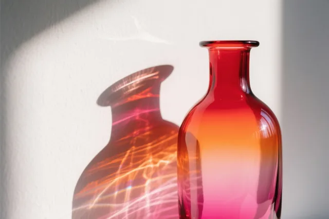 Een rode glazen vaas met een kleurverloop naar roze werpt in het zonlicht een gekleurd schaduwpatroon op een witte muur.
