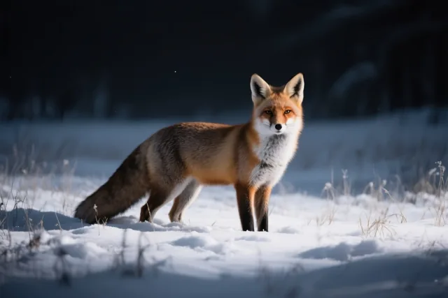 Een rode vos staat alert in een besneeuwd veld, waar zijn vacht in het zachte licht afsteekt tegen de witte sneeuw en de donkere achtergrond.