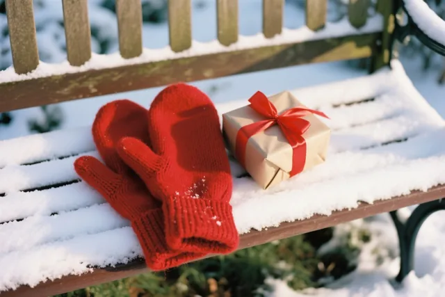 Rode gebreide wanten en een klein cadeau in bruin papier met een rood lint liggen op een besneeuwde houten bank in een winterse tuin.