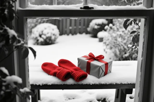 Door een raam zijn rode wollen wanten en een zilverkleurig ingepakt cadeau met een rood lint op een besneeuwde tuinbank te zien, in een verder monochroom beeld.