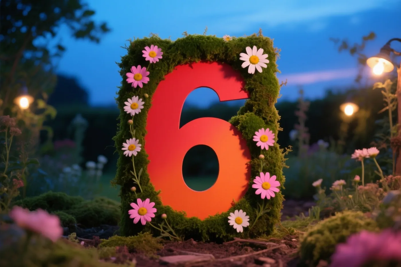 Een grote rode uitgesneden 6 staat in een met mos bedekte lijst met roze en witte madeliefjes in een rustieke tuin, verlicht door tuinlampen onder een blauwe schemerhemel.