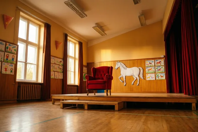 Een rode zetel staat midden op een klein houten podium in een schoolzaal met gele wanden, houten lambrisering, kindertekeningen van een wit paard en papieren mijters.