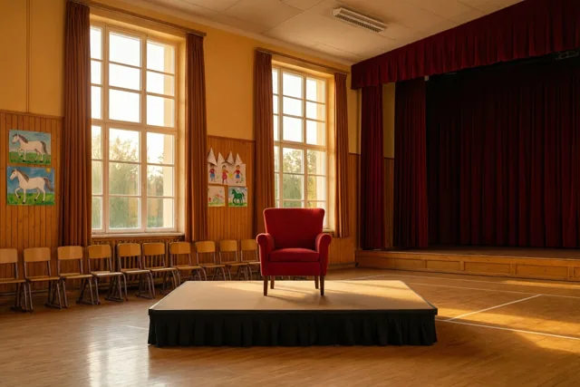 Een rode zetel staat op een klein podium in een schoolzaal met tekeningen van witte paarden en papieren mijters op houten wanden, verlicht door grote ramen.