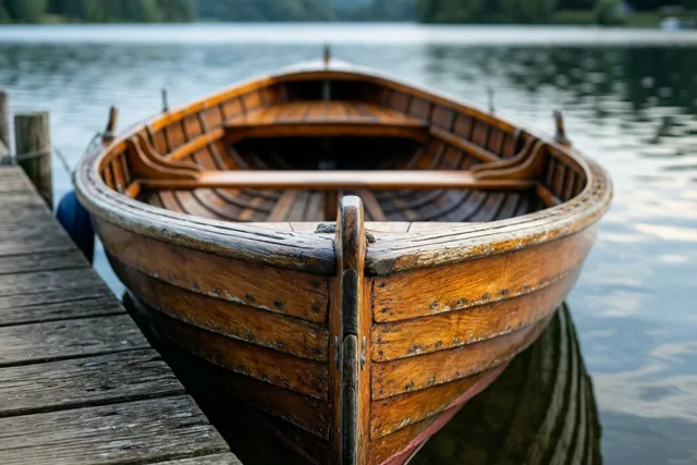 Een oude houten roeiboot ligt aangemeerd aan een verweerde houten steiger op een kalm meer met blauwgrijs water.