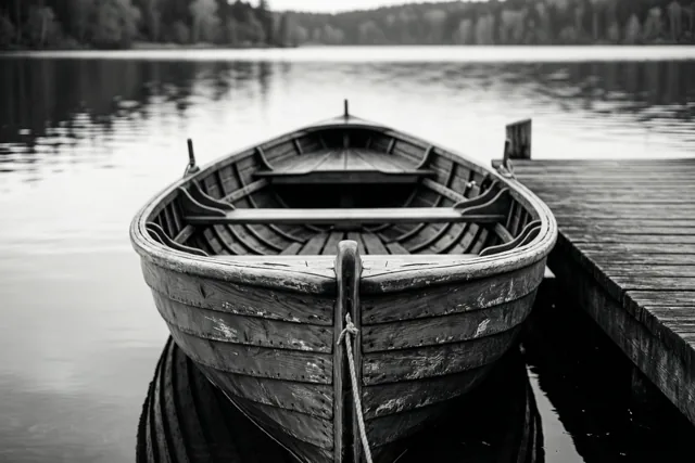 Een zwart-witfoto toont een verweerde houten roeiboot aan een houten steiger op een kalm meer, met een beboste oever op de achtergrond.