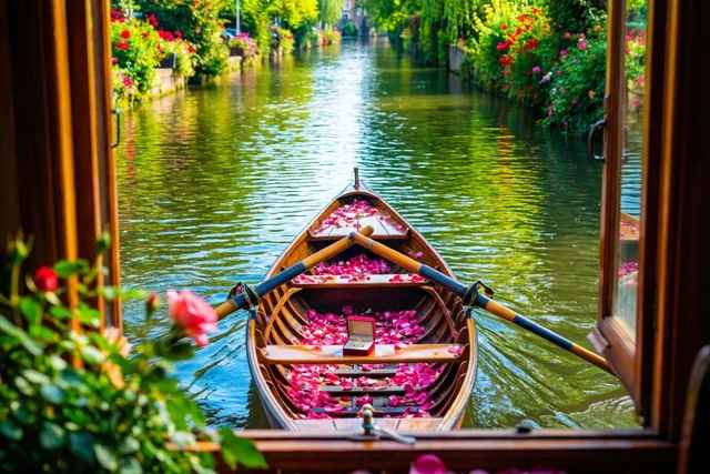 Door een open raam is een houten roeiboot met roze rozenblaadjes en een open rood ringdoosje te zien op een groen kanaal met bloemen en weelderig groen langs de oevers.