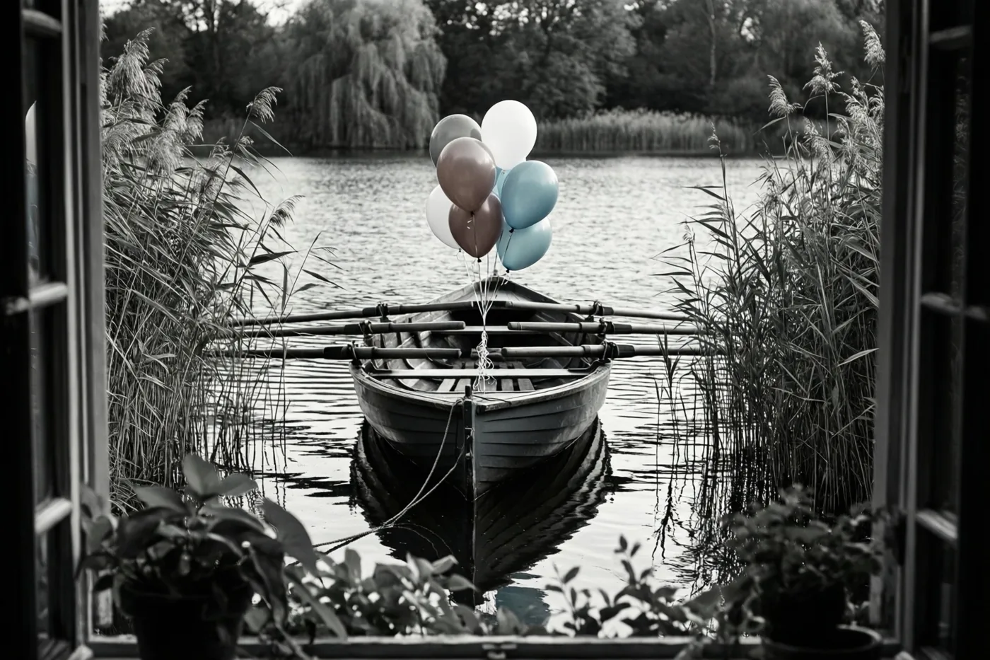 Door een raamkozijn is een roeiboot met gekleurde ballonnen aan een meer met riet te zien, waarbij de rest van het beeld in zwart-wit is weergegeven.