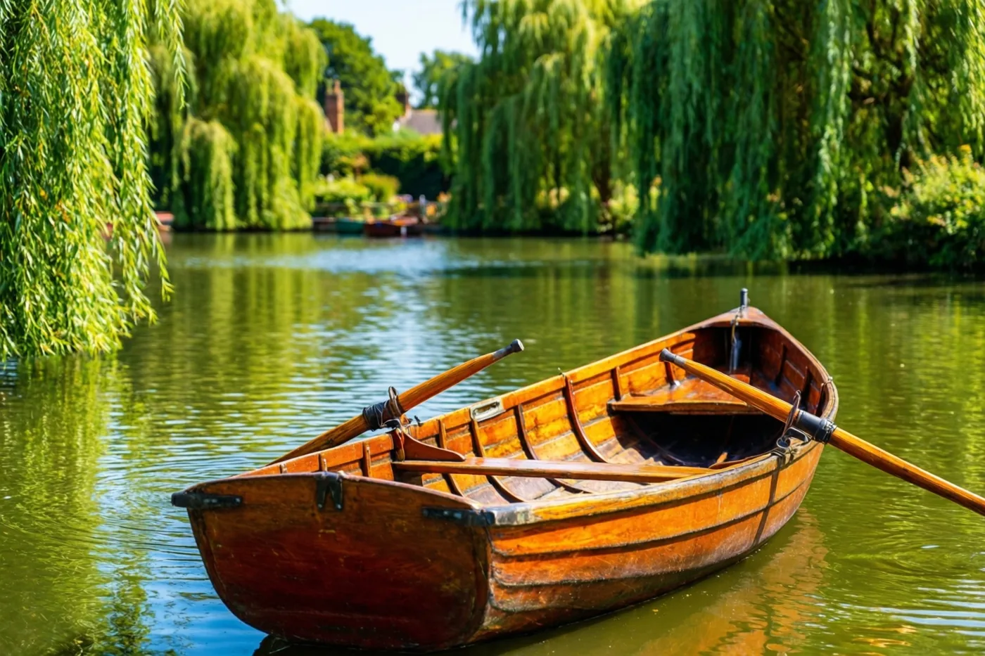 Een houten roeiboot met roeispanen drijft op een rustige vijver tussen groene wilgen in helder zonlicht.