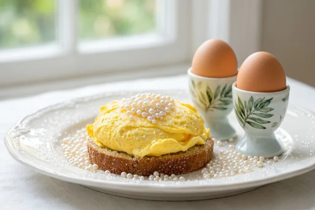 Roerei met parelsuiker ligt op toast op een wit bord naast twee zachtgekookte eieren in versierde dopjes, bij een raam in daglicht.
