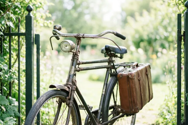 Een oude roestige fiets met een bruine leren koffer op de bagagedrager leunt tegen een donkergroen metalen tuinhek in een zonnige tuin met onscherp groen op de achtergrond.
