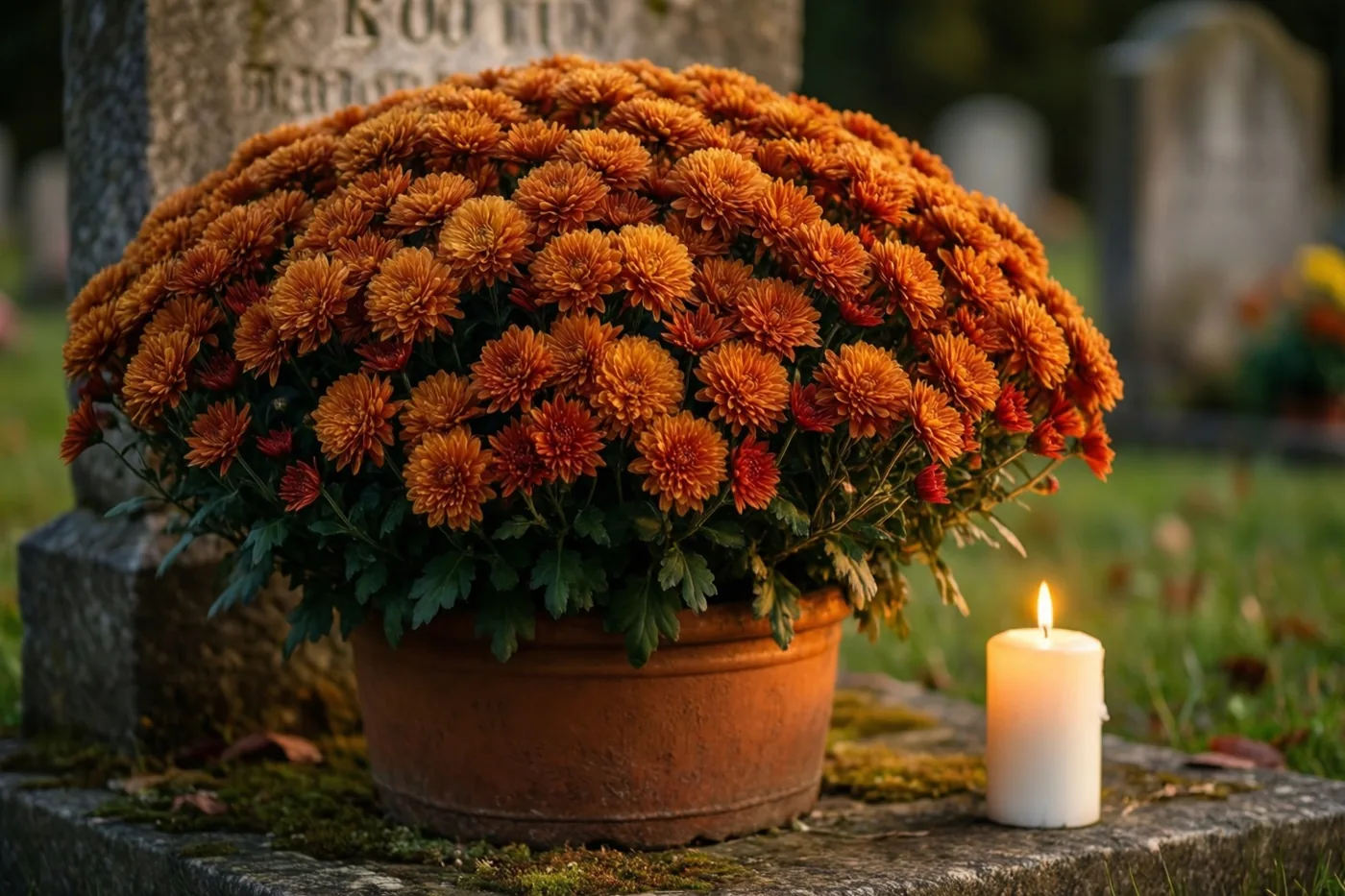 Een grote pot roestoranje chrysanten en een brandende witte kaars staan op een stenen graf in zacht daglicht.