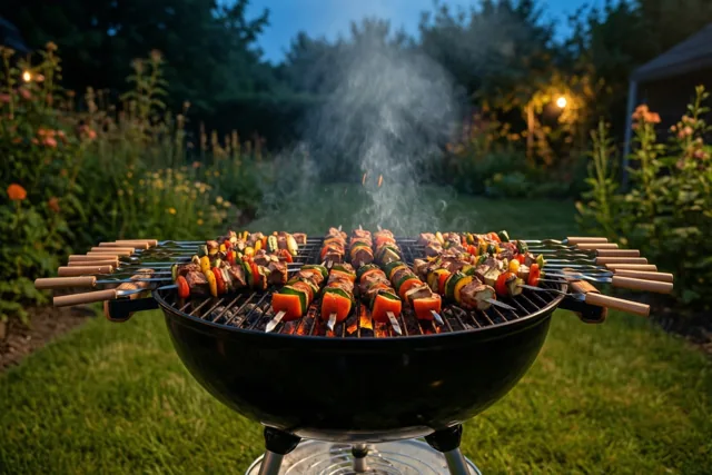 Een zwarte houtskoolbarbecue met kleurrijke vlees- en groentespiesjes staat bij schemering op het gras in een tuin, met opstijgende rook en onscherpe planten en warme lichtjes op de achtergrond.