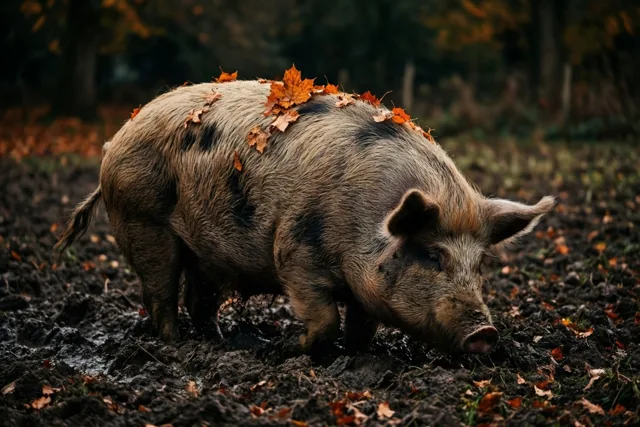 Een varken met oranje herfstbladeren op zijn rug rolt in een modderig veld in een bos met herfstloof.