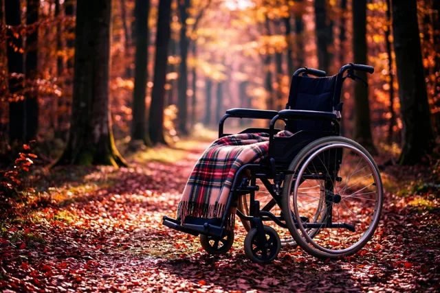 Een rolstoel met een geruite deken staat op een bospad vol herfstbladeren tussen hoge beuken waar zonlicht doorheen valt.