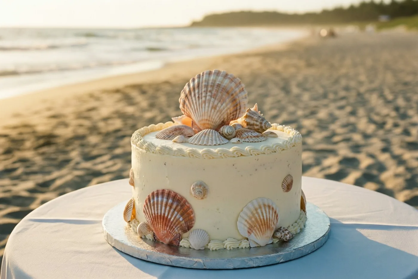 Een ronde bruidstaart met schelpen staat op een tafel met een wit kleed op het strand, met de zee en een verre kustlijn in warm goudkleurig zonlicht.