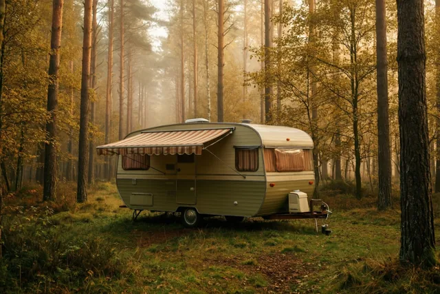 Een afgeronde caravan uit de jaren zestig met een gestreepte luifel staat in een mistig bos met herfstbladeren, waar goudkleurig licht door de bomen valt.