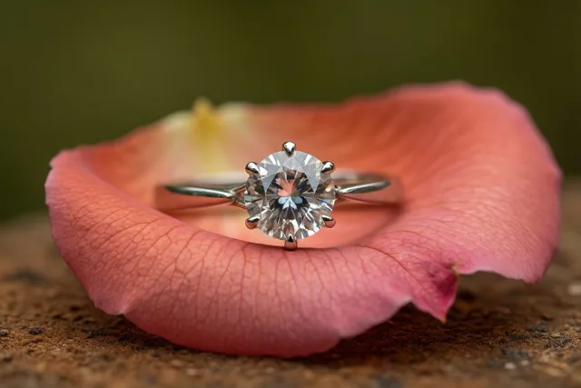 Een ring met één ronde diamant ligt op een zachtroze rozenblaadje tegen een onscherpe groene achtergrond met aardebruine tinten onderaan.
