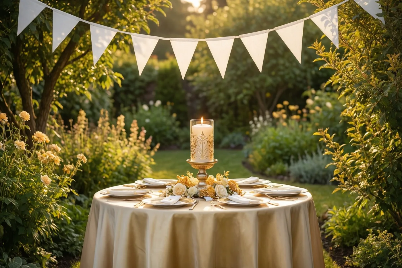 Een ronde tafel met een crèmekleurig tafellaken, bloemstukken en een kaars in een sierhouder staat onder witte vlaggetjes in een groene tuin.