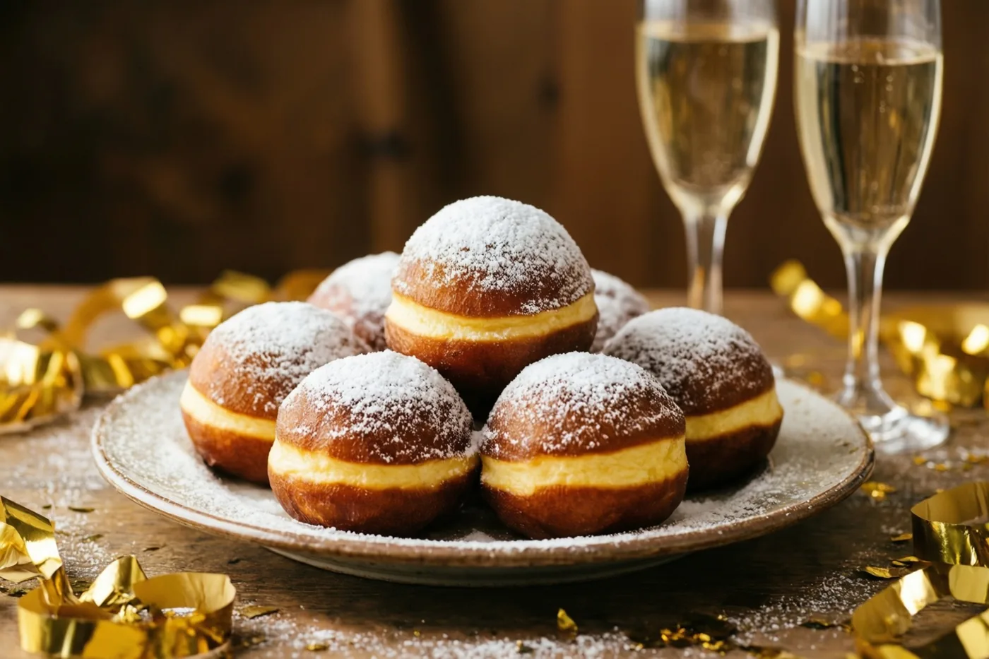 Een bord ronde smoutebollen met poedersuiker staat op een houten tafel met twee champagneglazen en gouden confetti tegen een rustieke houten achtergrond.