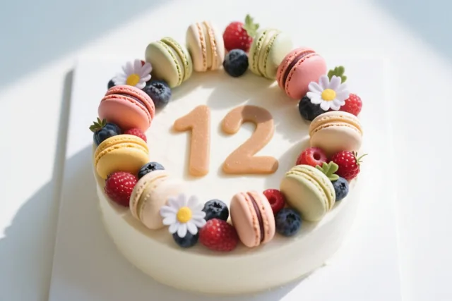 Een ronde witte taart met het getal 12 in het midden en versiering van kleurrijke macarons, bessen en eetbare bloemen staat op een wit oppervlak in fel zonlicht.