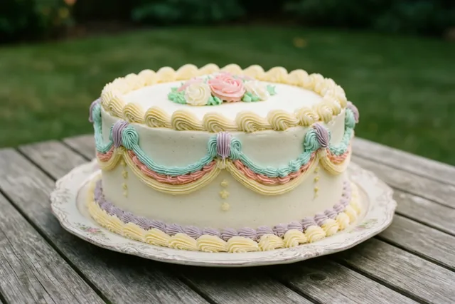 Een ronde bruidstaart met pastelkleurig spuitwerk en gespoten bloemversieringen staat op een houten tuintafel, met een onscherp groen gazon op de achtergrond.