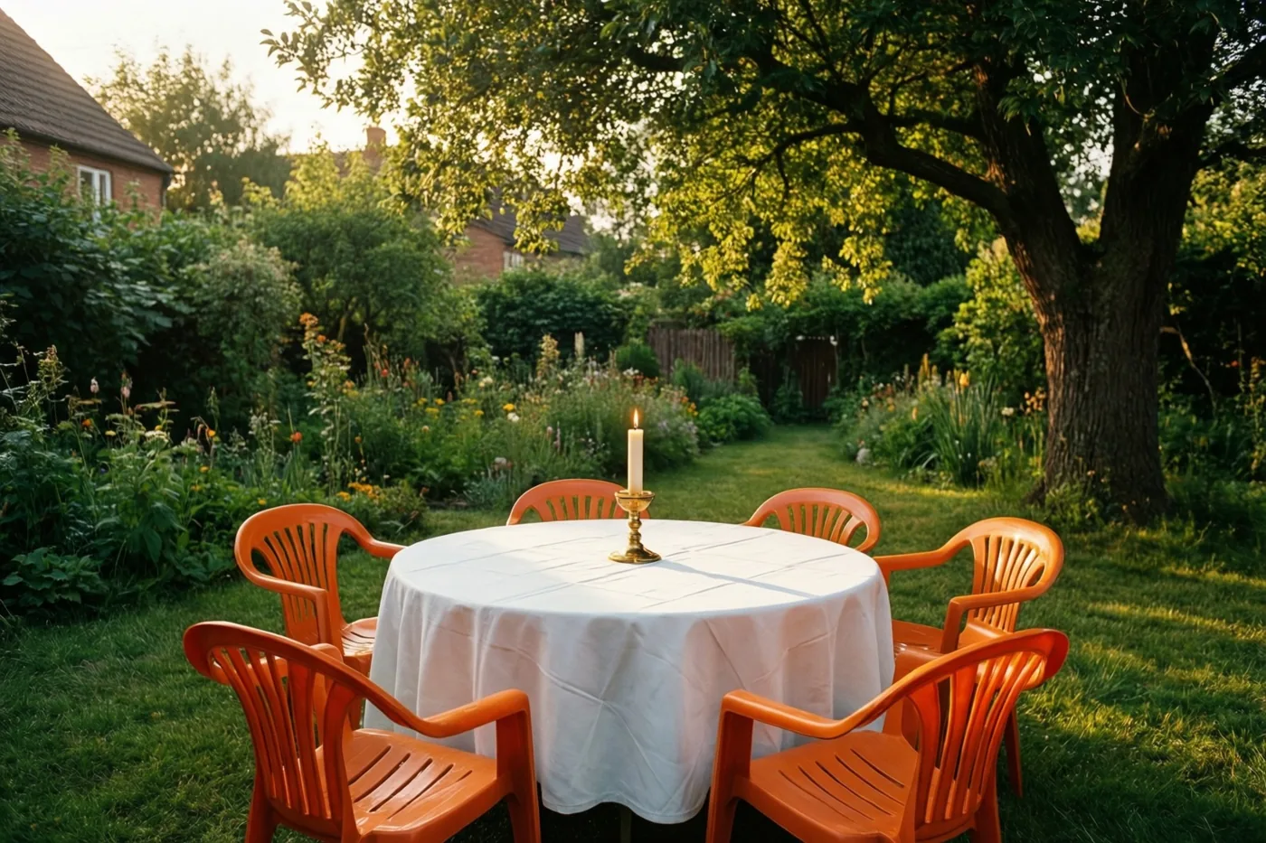 Een ronde tafel met een wit tafelkleed en één brandende communiekaars staat tussen oranje plastic stoelen in een groene tuin met goudkleurig zonlicht.